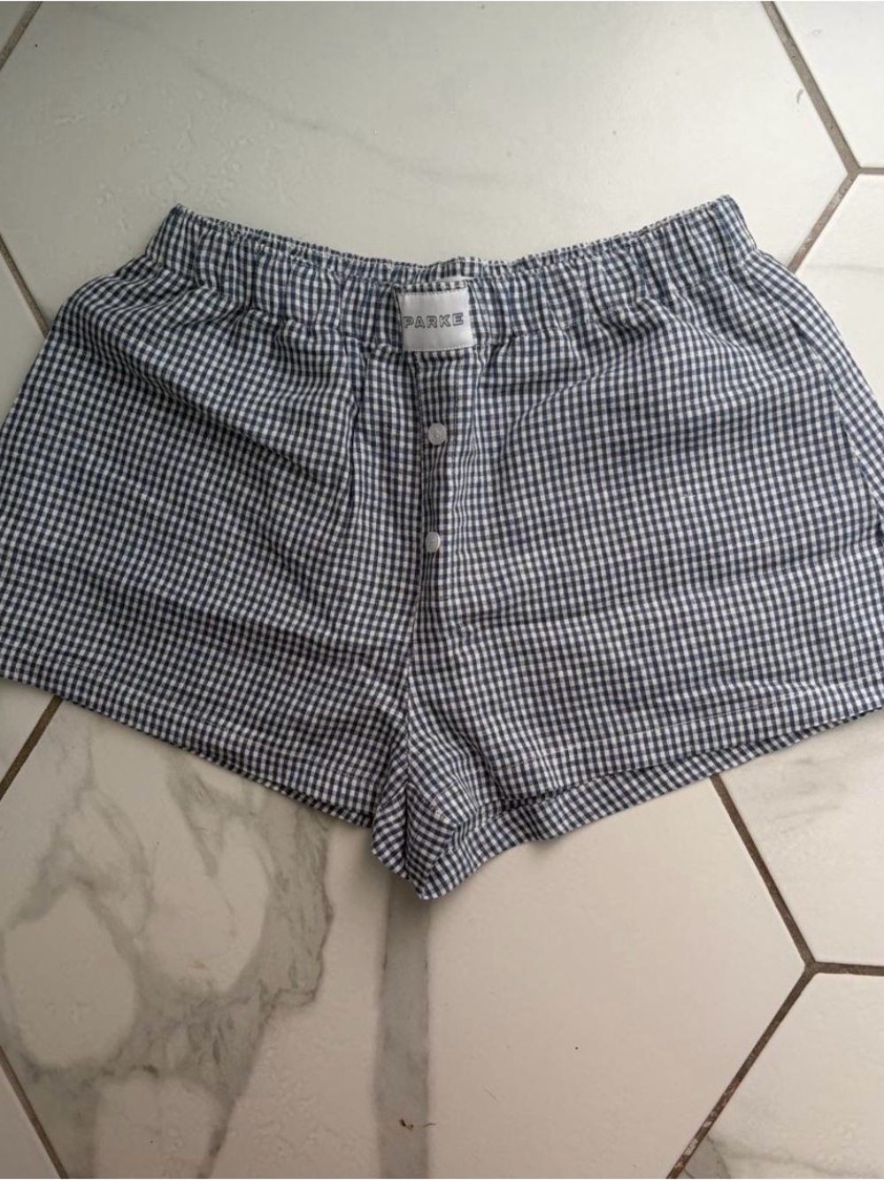 Parke Blue and White Gingham Elastic-Waist Shorts - Picture 1 of 2